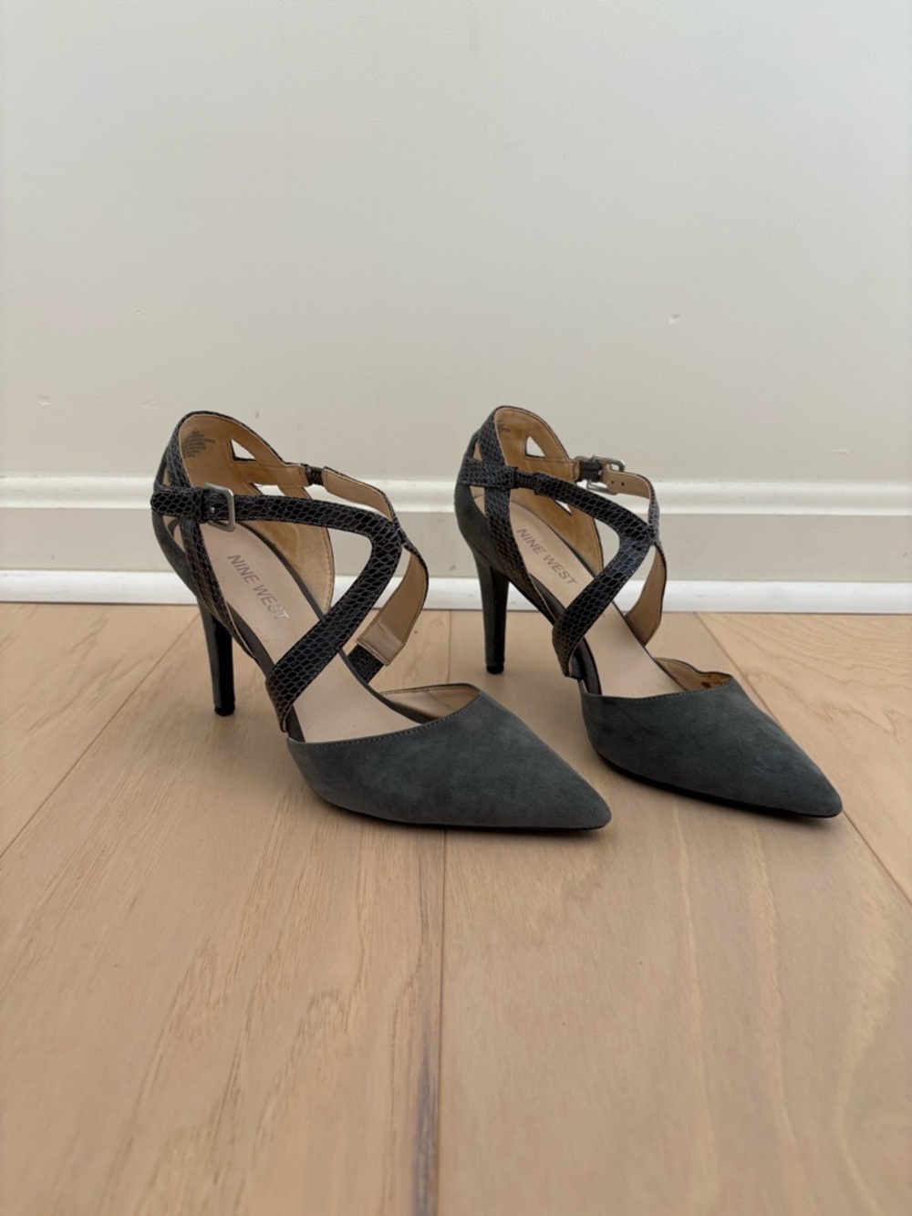Nine West Charcoal Gray Pointed-Toe Strappy Heels